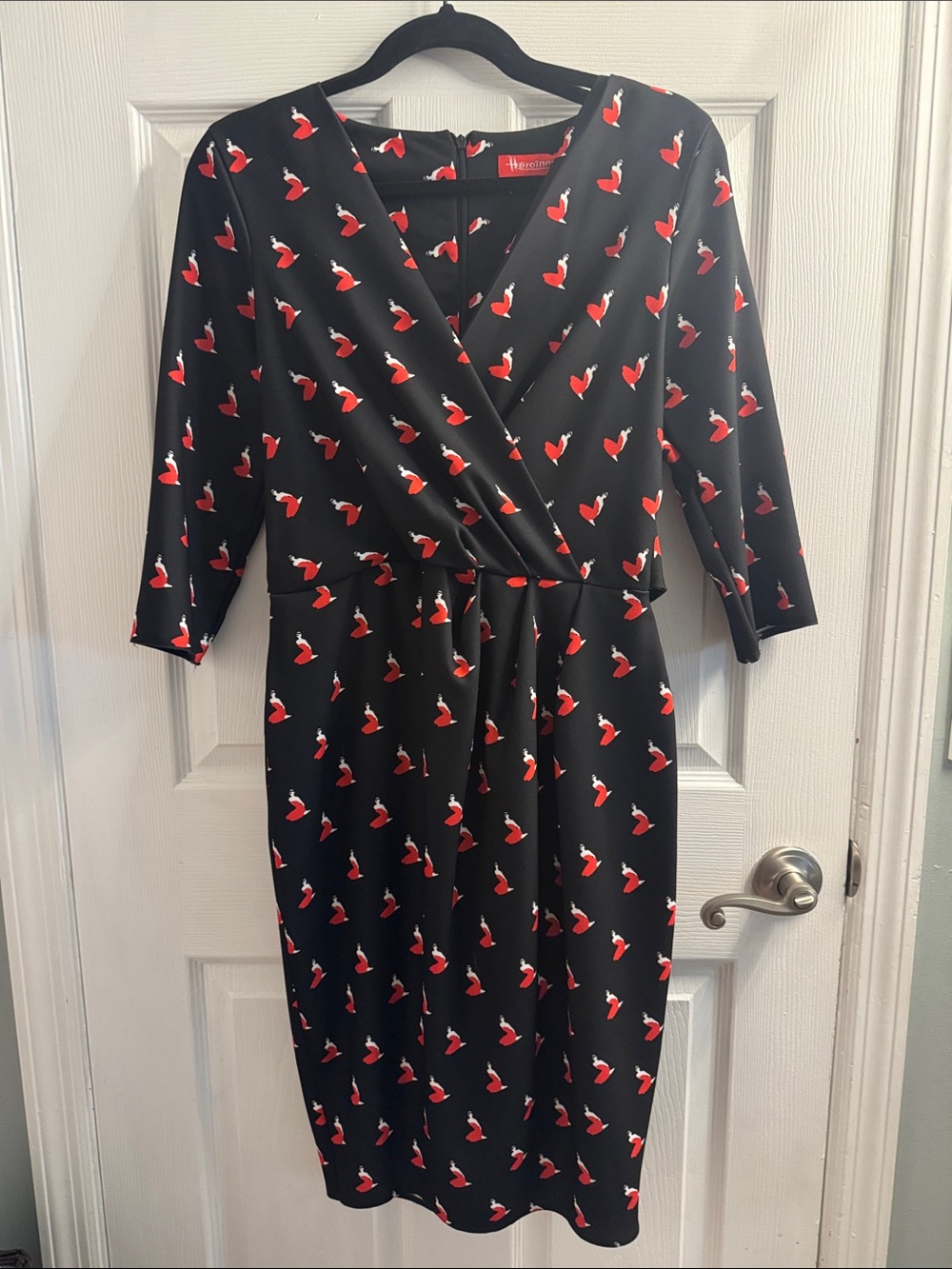 Black Midi Wrap Dress with Red Heart Print - Women